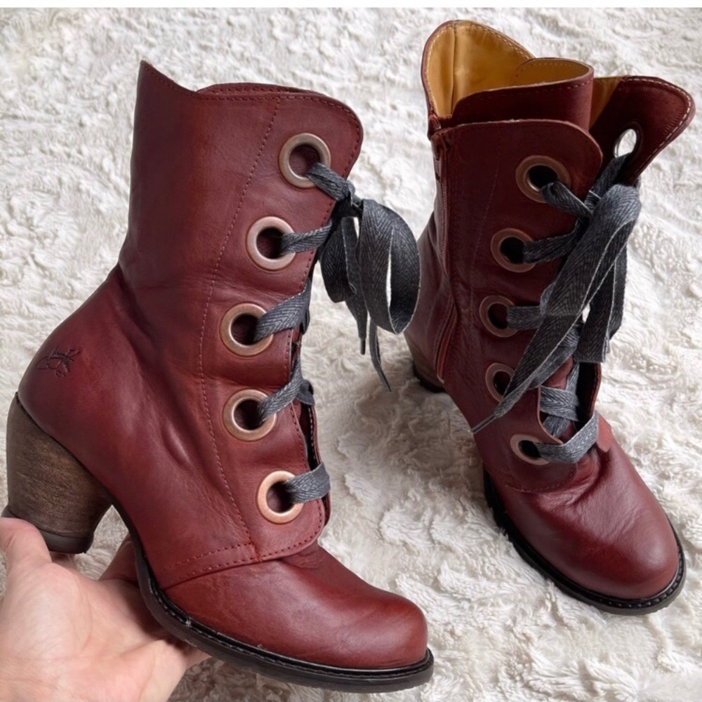 John Fluevog Gladstone mid-calf lace-up boots cognac brown heeled 2.5” heel 8